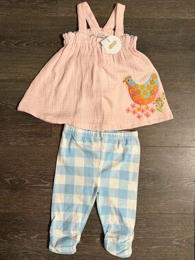 Mud Pie Light Pink Top with matching Blue Gingham Pants